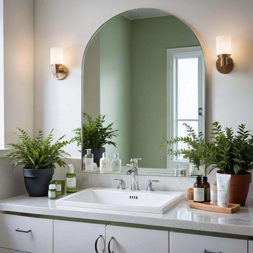A serene bathroom with a well-organized skincare shelf featuring Aloette products, a glowing mirror reflecting radiant skin, and a soft natural light streaming through a window. A person gently applying a soothing Aloette cream, with green plants adding freshness. super-realistic. vibrant colors. white background.